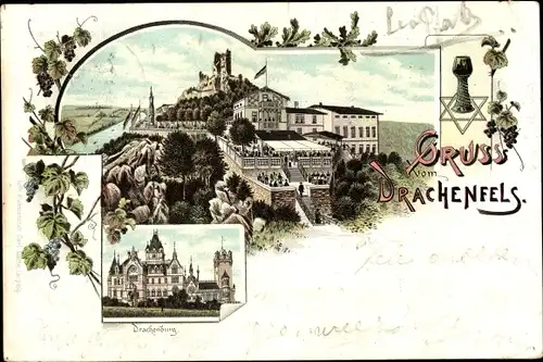 Litho Königswinter am Rhein, Drachenfels, Drachenburg, Panorama, Weinglas, Weinreben