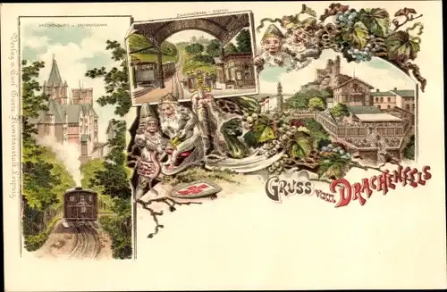 Litho Königswinter am Rhein, Drachenfels, Zahnradbahn, Staion, Zwerge