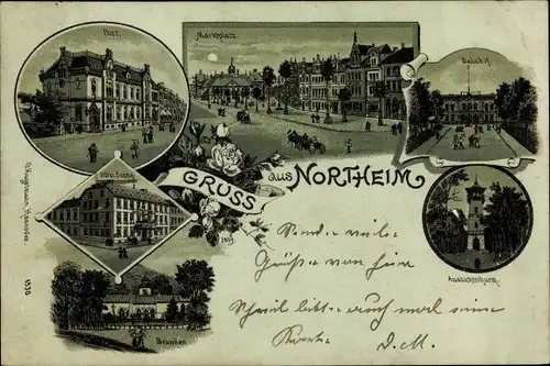 Mondschein Litho Northeim in Niedersachsen, Post, Marktplatz, Bahnhof, Aussichtsturm, Hotel Sonne