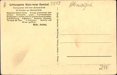 Ak Gemünd Schleiden in der Eifel, Urfttalsperre Waldhotel, Inh. Wilhelm Arens