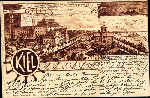 Litho Hansestadt Kiel, Schloss, Seegarten, Kriegshafen, Holzbrandimitation