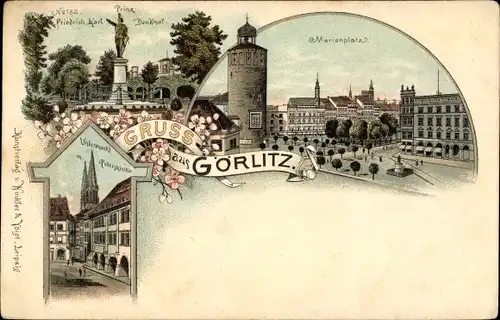 Litho Görlitz in der Lausitz, Prinz Friedrich Karl Denkmal, Untermarkt, Peterskirche, Marienplatz