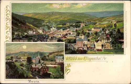 Litho Klingenthal im Vogtland Sachsen, Panorama, Zwota, Bahnhof