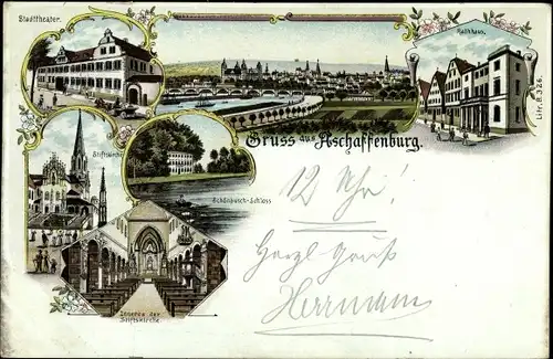 Litho Aschaffenburg in Unterfranken, Stadttheater, Rathaus, Stiftskirche, Schönbusch Schloss