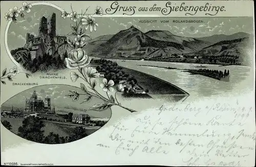 Mondschein Litho Königswinter am Rhein, Ruine Drachenfels, Rolandsbogen, Drachenburg