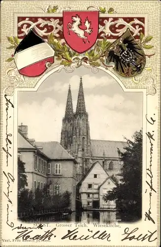 Präge Wappen Passepartout Ak Soest in Westfalen, Großer Teich, Wiesekirche