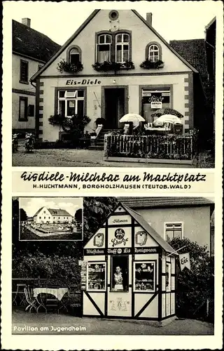 Ak Borgholzhausen in Westfalen, Eisdiele Milchbar am Marktplatz, Pavillon am Jugendheim