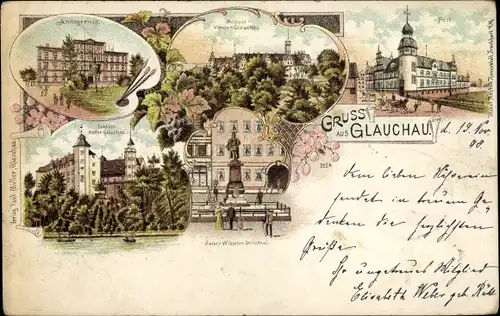 Litho Glauchau, Post, Amtsgericht, Schloss Hinterglauchau, Vorderglauchau, Kaiser Wilhelm Denkmal