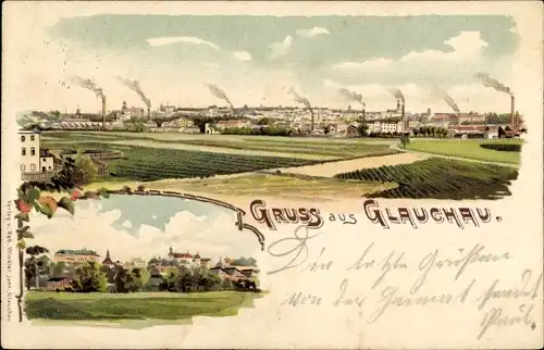 Litho Glauchau in Sachsen, Stadtansicht, Schornsteine