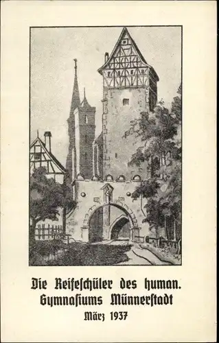 Studentika Ak Münnerstadt in Unterfranken Bayern, Reifeschüler des human. Gymnasiums 1937