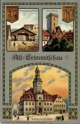 Litho Crimmitschau in Sachsen, Roter Turm, gedeckte Brücke, Rathaus, Stadtrechtsfeier 1914