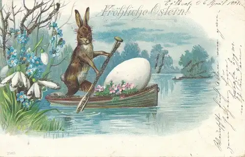 Glitzer Litho Glückwunsch Ostern, Osterhase im Ruderboot, Osterei, Vergissmeinnicht