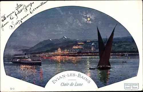 Künstler Ak Évian les Bains Haute Savoie, Clair de Lune, Segelboot, Dampfschiff, Mondschein