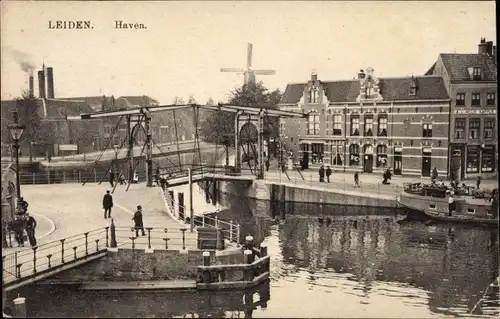 Ak Leiden Südholland Niederlande, Haven, Klappbrücke, Windmühle