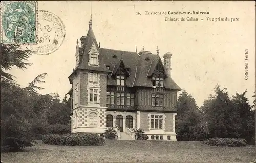 Ak Cahan Orne, environs de Condé sur Noireau, Château de Cahan, vue prise du Parc