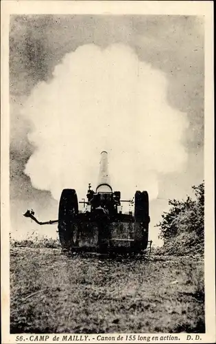 Ak Mailly le Camp Aube, Canon de 155 long en action