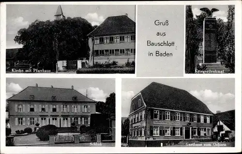 Ak Bauschlott Neulingen im Enzkreis Württemberg, Kriegerdenkmal, Kirche, Pfarrhaus, Gasthaus Ochsen