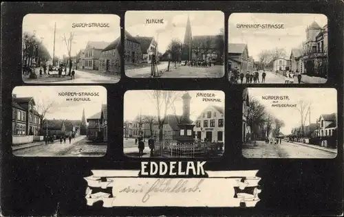 Ak Eddelak in Dithmarschen, Süderstraße, Kirche, Bahnhofstraße, Norderstraße, Kiegerdenkmal