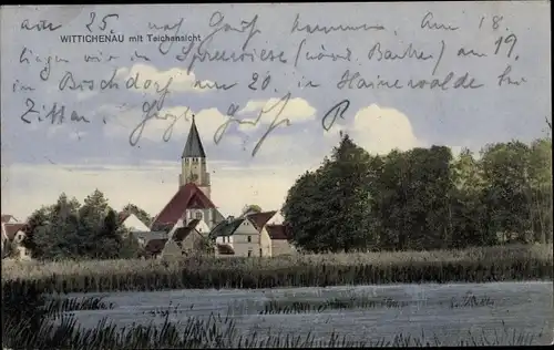 Ak Wittichenau in der Oberlausitz, Teilansicht mit Teich