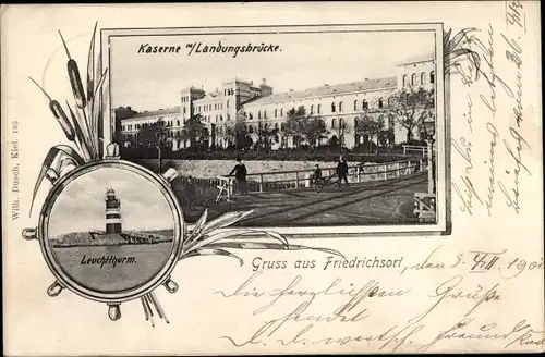 Ak Friedrichsort Kiel in Schleswig Holstein, Leuchtturm, Kaserne mit Landungsbrücke