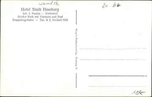 Ak Hamburg Wandsbek Volksdorf, Hotel Stadt Hamburg