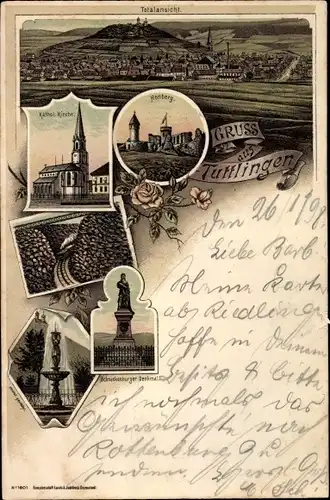Litho Tuttlingen an der Donau Württemberg, Honberg, Katholische Kirche, Schneckenburger Denkmal