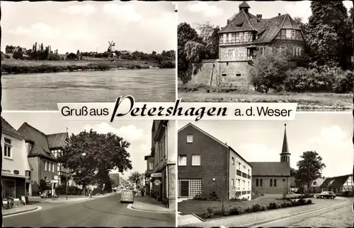 Ak Petershagen an der Weser, Fachwerkhaus, Kirche, Straßenpartie