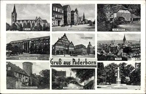 Ak Paderborn, Dom, Bahnhofstr., Totale, Partie am Rathaus, Husarendenkmal, alte Mühle