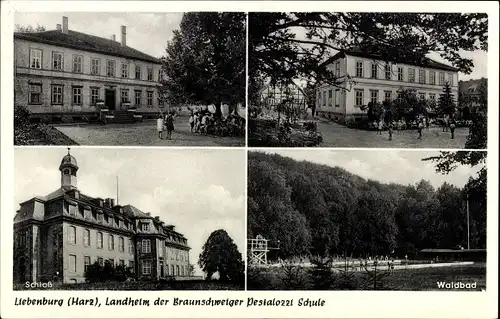 Ak Liebenburg Harz, Schullandheim, Landheim der Braunschweiger Pestalozzischule, Schloss, Waldbad