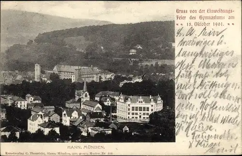 Ak Hann. Münden in Niedersachsen, Teilansicht mit Gymnasium, Einweihungsfeier 1901