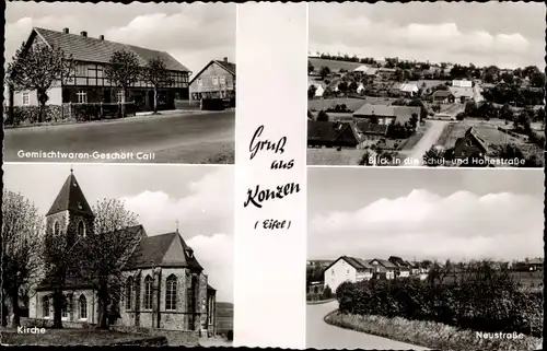 Ak Konzen Monschau Montjoie in der Eifel, Teilansicht, Geschäft Call, Kirche, Neustraße