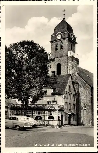 Ak Monschau Montjoie in der Eifel, Hotel Restaurant Flosdorff, Kirche, Autos