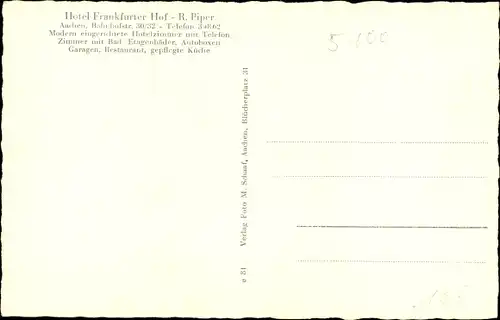 Ak Aachen in Nordrhein Westfalen, Hotel Frankfurter Hof, Bahnhofstraße 30/32