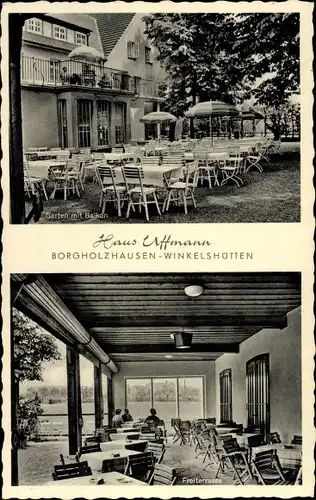 Ak Winkelshütten Borgholzhausen in Westfalen, Haus Uffmann, Garten mit Balkon, Freiterasse