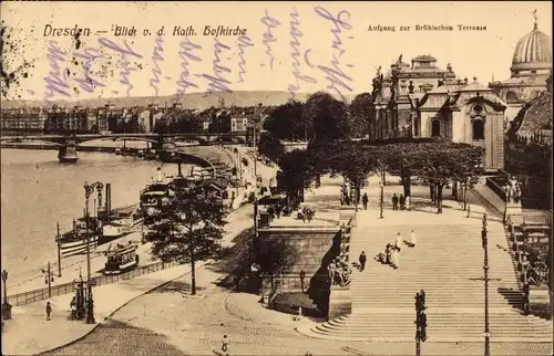 Ak Dresden, Blick von der Kath. Hofkirche, Aufgang zur Brühlschen Terrasse