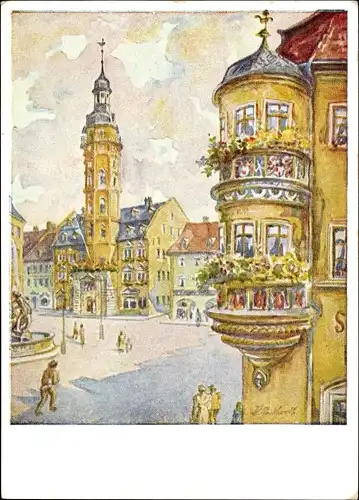 Künstler Ak Gera in Thüringen, Markt mit Rathaus und Erker der Stadtapotheke