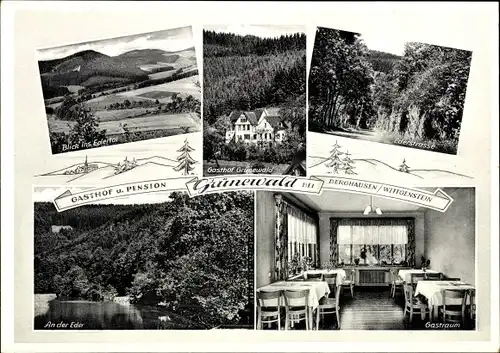 Ak Berghausen Bad Berleburg in Westfalen, Gasthof und Pension Grünewald, Blick ins Edertal, Gastraum