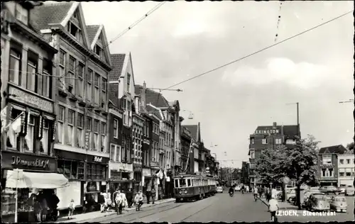 Ak Leiden Südholland Niederlande, Steenstraat, Tram, Geschäftsstraße