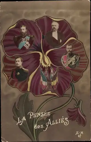 Ak La Pensée des Alliés, Albert I. von Belgien, George V., Zar Nikolaus II. von Russland, Poincaré