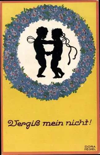 Scherenschnitt Künstler Ak Heckel, Dora, Vergiss mein nicht, Elfen, Vergissmeinnicht