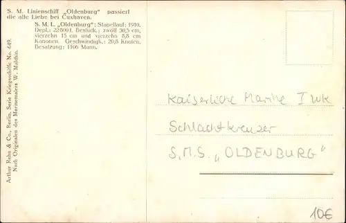 Künstler Ak Malchin, Deutsches Kriegsschiff SMS Oldenburg, Schlachtkreuzer, I. WK