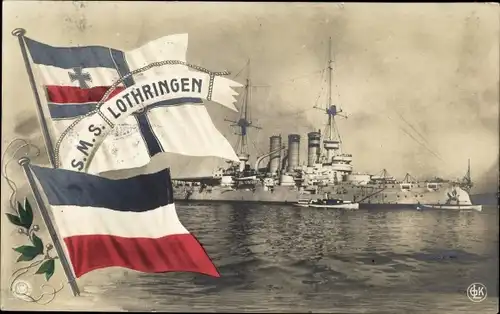 Fahnen Ak Deutsches Kriegsschiff SMS Lothringen, Linienschiff, Kaiserliche Marine