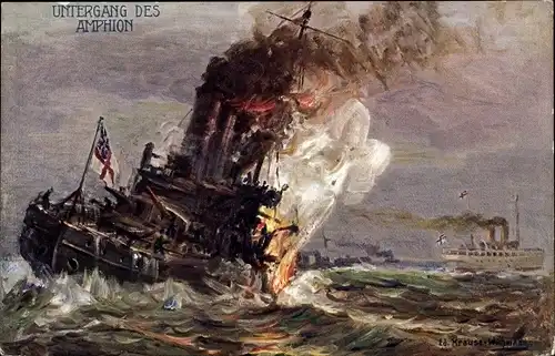 Künstler Ak Krause, Ed., Untergang des HMS Amphion, Seebäderdampfer Königin Luise, HAPAG