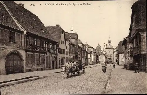 Ak Rosheim Elsass Bas Rhin, Rue principale et Beffroi