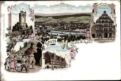 Litho Hameln an der Weser Niedersachsen, Rattenfänger Haus, Klütturm, Hochzeitshaus, Totalansicht