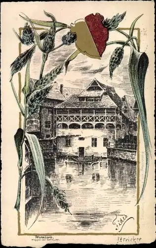 Künstler Wappen Litho Stricker, Strasbourg Straßburg Elsass Bas Rhin, Pflanzbad