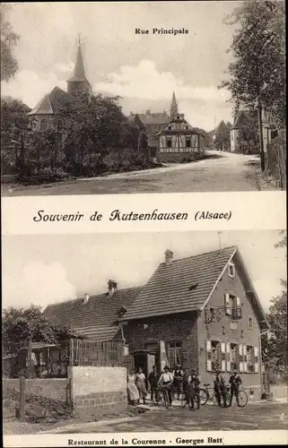 Ak Kutzenhausen Elsass Bas Rhin, Rue Principale, Restaurant de la Couronne