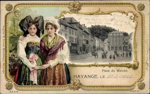 Präge Passepartout Ak Hayange Hayingen Moselle, Place du Marche, Frauen in Trachten