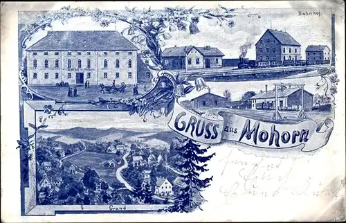 Litho Grund Mohorn Wilsdruff Sachsen, Bahnhof, Gleisseite, Gasthof, Blick auf den Ort