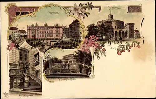 Litho Görlitz in der Lausitz, Kaisertrutz, Postplatz, Kanonendenkmal, Rathaustreppe